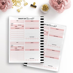 May include: A printable beauty DIY face mask tracker with black and white stripes on the side. The tracker has sections for the mask name, source, how to apply, benefits, leave on time, and effectiveness.