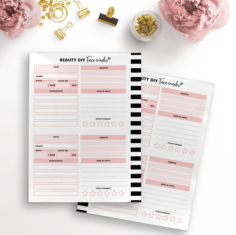 May include: A printable beauty DIY face mask tracker with black and white stripes on the side. The tracker has sections for the mask name, source, how to apply, benefits, leave on time, and effectiveness.