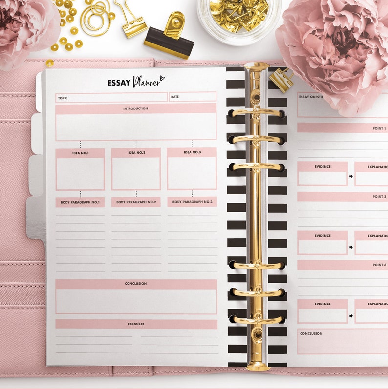 May include: A pink and white planner with a black and white striped cover. The planner has a gold binder and is open to a page with the title "Essay Planner". The page is divided into sections for topic, date, introduction, body paragraphs, conclusion, and resources.