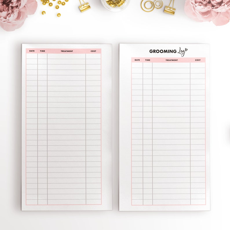May include: A printable grooming log with two pages. Each page has columns for date, time, treatment, and cost. The title of the log is "Grooming Log" with a heart symbol.