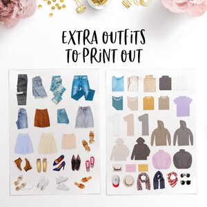 Op de afbeelding: Een set bedrukbare kledingstukken voor papieren poppen. De set bevat een verscheidenheid aan tops, broeken, rokken, schoenen en accessoires. De tekst "EXTRA OUTFITS TO PRINT OUT" staat bovenaan de afbeelding.