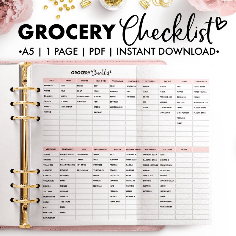 May include: A pink and white printable grocery checklist with a heart symbol. The checklist is divided into categories such as fruits, dairy, canned goods, meat and fish, vegetarian, pasta and rice, beverages, baking, spices, paper wrap, vegetables, condiments, deli, frozen foods, snacks, breads and grains, household, toiletries, and other.