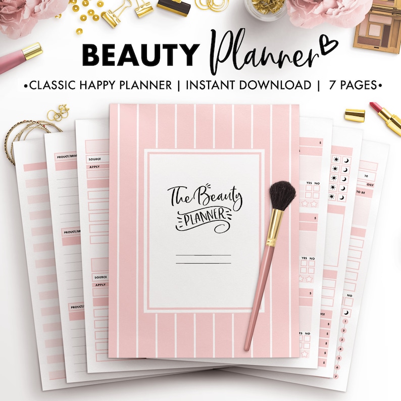 May include: A pink and white striped printable beauty planner with the text "The Beauty Planner" in black cursive font. The planner includes pages for tracking products, routines, and sleep.