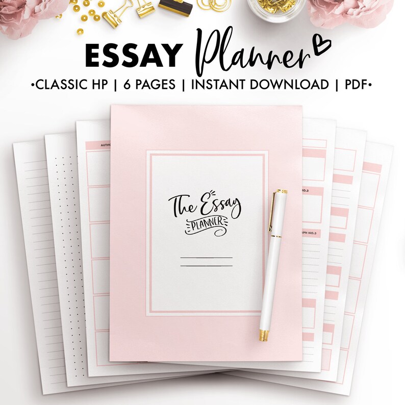 May include: A pink and white printable essay planner with the text "The Essay Planner" in black cursive lettering. The planner has six pages and is available as an instant download in PDF format.