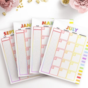 May include: Four printable monthly calendar pages with a rainbow gradient design. The months are January, March, July, and September. Each page has a space for the year, a column for Monday, and a grid for daily entries.