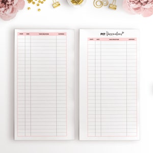 May include: Two printable pet vaccination record sheets with columns for date, age, vaccination, and expiration date. The sheets are pink and white with black text.