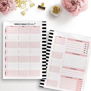 May include: A printable weekly beauty routine planner with black and white stripes. The planner includes sections for face, body, hair, and nails. It also includes a section for top face creams, hair products, hair masks, and nail salons.