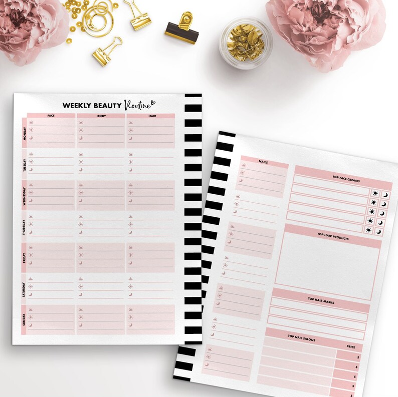 May include: A printable weekly beauty routine planner with black and white stripes. The planner includes sections for face, body, hair, and nails. It also includes a section for top face creams, hair products, hair masks, and nail salons.