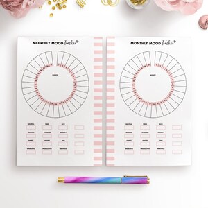 Puede incluir: Dos rastreadores de estado de &aacute;nimo mensuales imprimibles con un divisor a rayas rosa y blanco. Cada rastreador presenta un c&iacute;rculo dividido en 31 secciones con los n&uacute;meros del 1 al 31. Debajo del c&iacute;rculo hay casillas para diferentes estados de &aacute;nimo, que incluyen neutral, cansado, enfermo, relajado, estresado, gru&ntilde;&oacute;n, feliz, enojado, triste, en&eacute;rgico, productivo y nervioso.