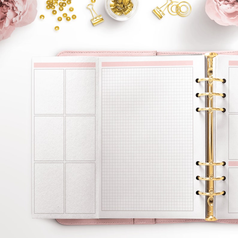 Op de afbeelding: Een roze lederen planner met gouden ringen en een witte pagina met een rasterpatroon aan de rechterkant en een blanco pagina met een rasterpatroon aan de linkerkant.