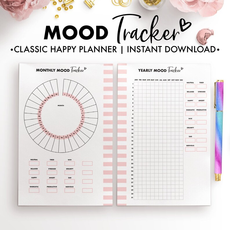 Puede incluir: Seguimiento de estado de &aacute;nimo imprimible con un calendario mensual y anual. El seguimiento mensual es un c&iacute;rculo con los n&uacute;meros del 1 al 31 alrededor del exterior. El seguimiento anual es una cuadr&iacute;cula con los meses en la parte superior y los n&uacute;meros del 1 al 31 en el lateral. El seguimiento de estado de &aacute;nimo incluye una lista de estados de &aacute;nimo para realizar un seguimiento, que incluyen neutral, cansado, enfermo, relajado, estresado, gru&ntilde;&oacute;n, feliz, enojado, triste, en&eacute;rgico, productivo y nervioso.