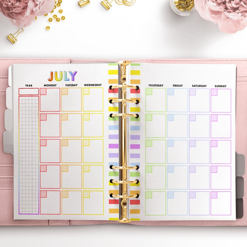 May include: A monthly planner with a rainbow color scheme. The planner has a grid for the year, and then a weekly layout with spaces for each day of the week. The planner is open to July.