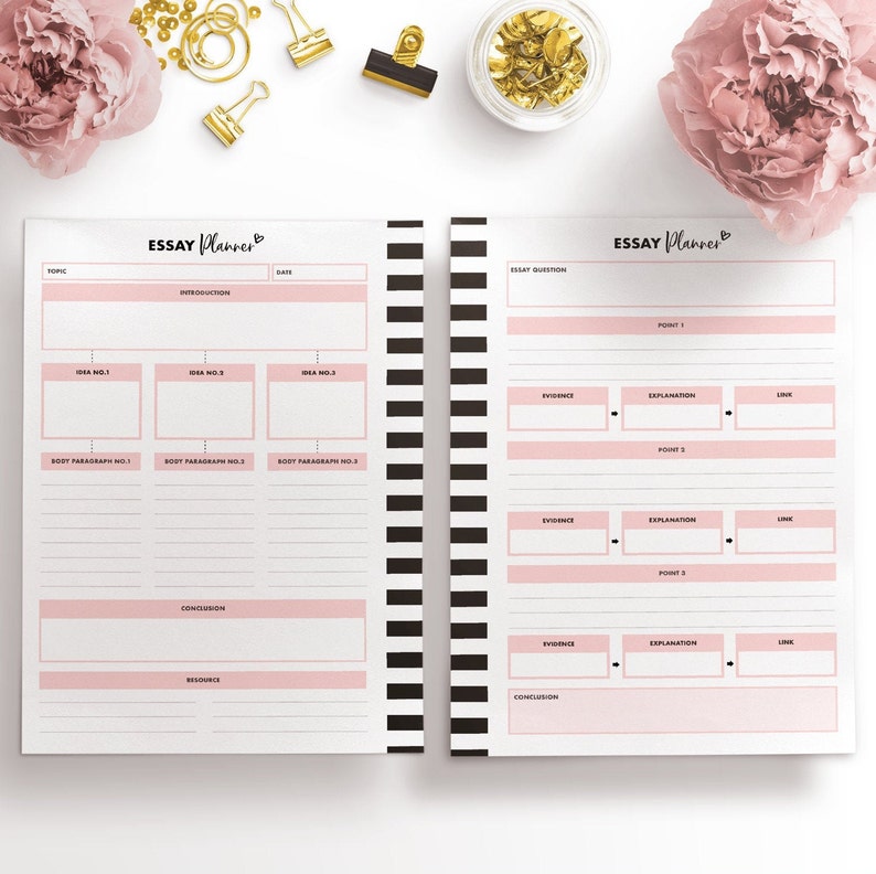 May include: A printable essay planner with black and white stripes on the side. The planner is divided into sections for topic, introduction, idea 1, 2, and 3, body paragraph 1, 2, and 3, conclusion, and resources. The right side of the planner has sections for essay question, point 1, 2, and 3, evidence, explanation, and link.
