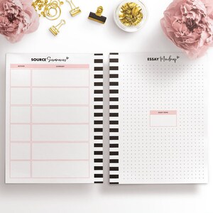 May include: A printable worksheet with two sections. The left section is titled "Source Summaries" and has columns for "Author" and "Summary". The right section is titled "Essay Mindmap" and has a dotted grid with a box labeled "Essay Topic".