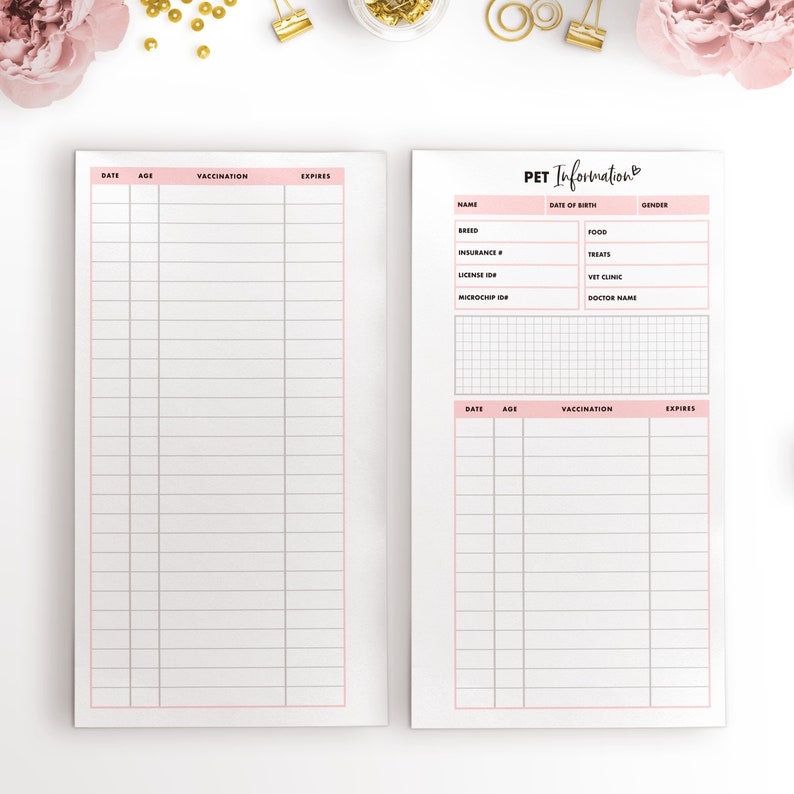 May include: A printable pet information log with sections for pet name, date of birth, gender, breed, food, treats, insurance, license ID, microchip ID, vet clinic, doctor name, date, age, vaccination, and expiration date.