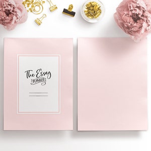 May include: Two pink paper covers with a white rectangle in the center of the left cover. The rectangle has a black handwritten title that says "The Essay Planner".