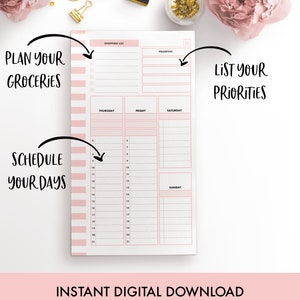 Puede incluir: Un planificador imprimible con rayas rosas y blancas. El planificador tiene secciones para listas de la compra, prioridades y programaci&oacute;n. El texto "PLAN YOUR GROCERIES", "SCHEDULE YOUR DAYS", "SHOPPING LIST", "PRIORITIES", "LIST YOUR PRIORITIES", "THURSDAY", "FRIDAY", "SATURDAY", y "SUNDAY" est&aacute; incluido en el planificador.
