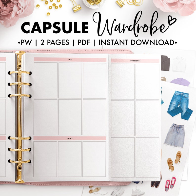 Op de afbeelding: Een printbare capsule-garderobeplanner met twee pagina's, een roze omslag en gouden ringband. De planner is verdeeld in secties voor tops, schoenen en accessoires. De tekst "CAPSULE Wardrobe" staat bovenaan de pagina.