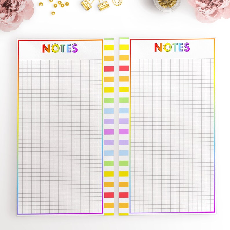 May include: Two printable pages with a grid pattern and the word "NOTES" at the top. The pages are bordered with a rainbow stripe pattern.