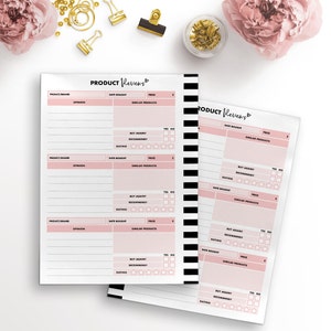May include: A black and white striped notebook with a pink and white section for product reviews. The notebook has headings for product/brand, date bought, opinion, rating, buy again, recommend, price, and similar products.