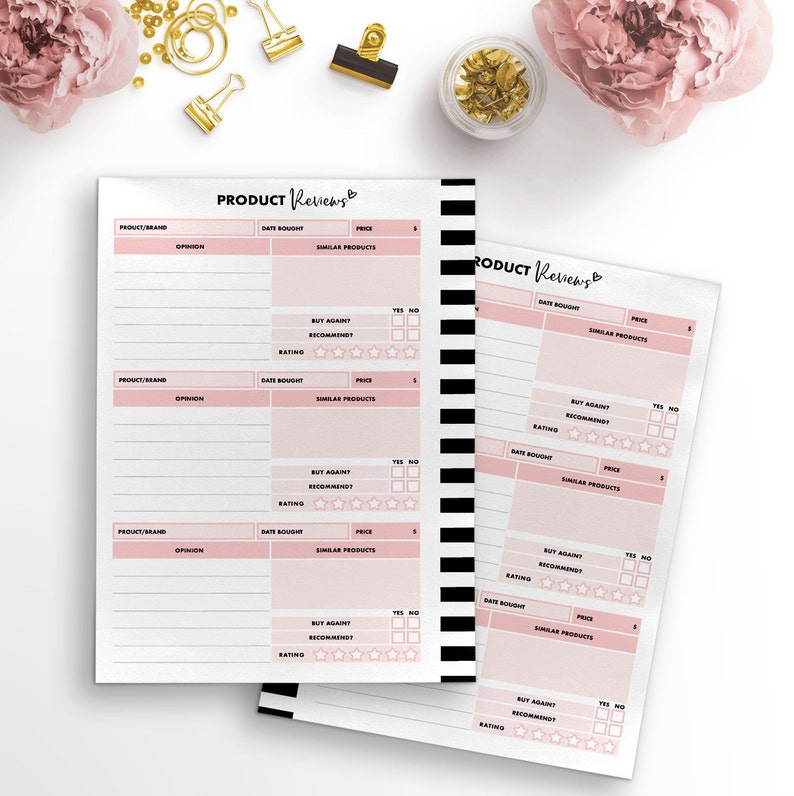 May include: A black and white striped notebook with a pink and white section for product reviews. The notebook has headings for product/brand, date bought, opinion, rating, buy again, recommend, price, and similar products.