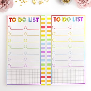 May include: Two printable to-do lists with rainbow borders. Each list has 7 lines with circles and lines for writing tasks. The bottom of each list has a grid for notes.
