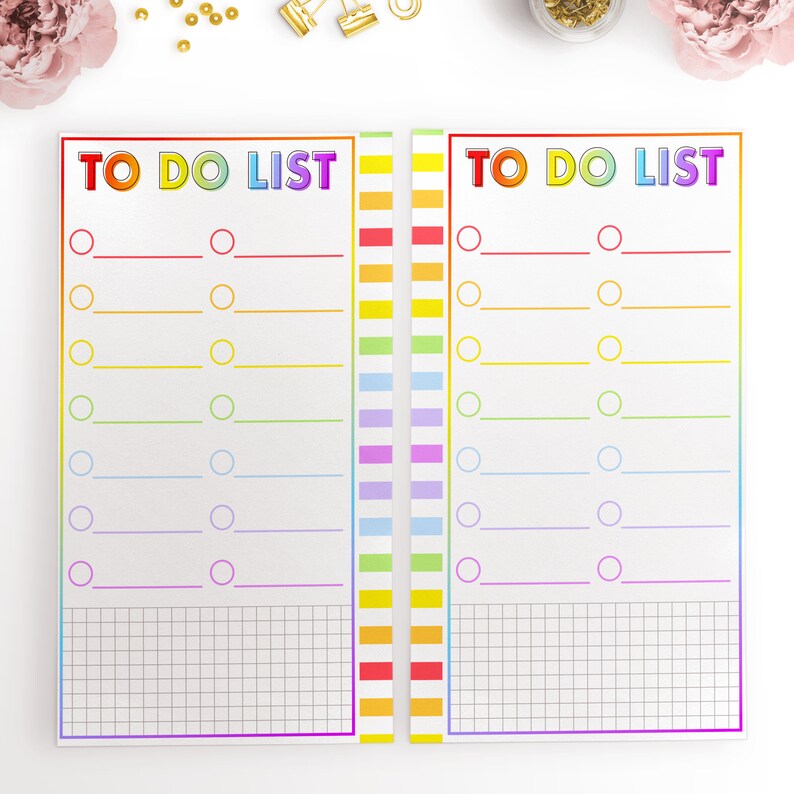 May include: Two printable to-do lists with rainbow borders. Each list has 7 lines with circles and lines for writing tasks. The bottom of each list has a grid for notes.