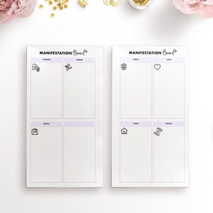 Puede incluir: Un tablero de manifestaci&oacute;n imprimible con categor&iacute;as para finanzas, carrera, viajes, familia, amor, hogar y salud. Cada categor&iacute;a tiene un peque&ntilde;o icono y un espacio en blanco para escribir.