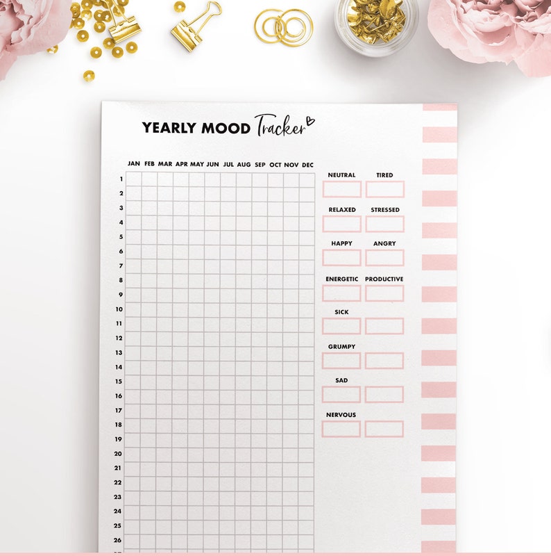 Puede incluir: Un rastreador de estado de &aacute;nimo anual imprimible con un fondo a rayas rosa y blanco. El rastreador tiene una cuadr&iacute;cula con 31 d&iacute;as del mes y una lista de estados de &aacute;nimo para rastrear, que incluyen neutral, cansado, relajado, estresado, feliz, enojado, en&eacute;rgico, productivo, enfermo, gru&ntilde;&oacute;n, triste y nervioso.