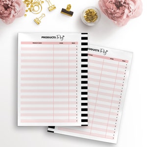 May include: Two printable product list pages with black and white stripes on the right side. The pages are titled "Products to try" and have columns for product name, store, and price.