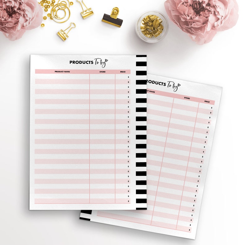 May include: Two printable product list pages with black and white stripes on the right side. The pages are titled "Products to try" and have columns for product name, store, and price.