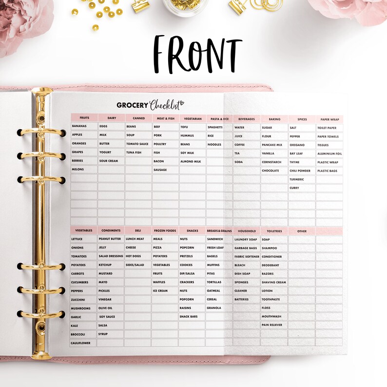 May include: A pink and white grocery checklist with a gold binder. The checklist is divided into categories such as fruits, dairy, canned goods, meat and fish, vegetarian, pasta and rice, beverages, baking, spices, paper wrap, vegetables, condiments, deli, frozen foods, snacks, breads and grains, household, toiletries, and other.