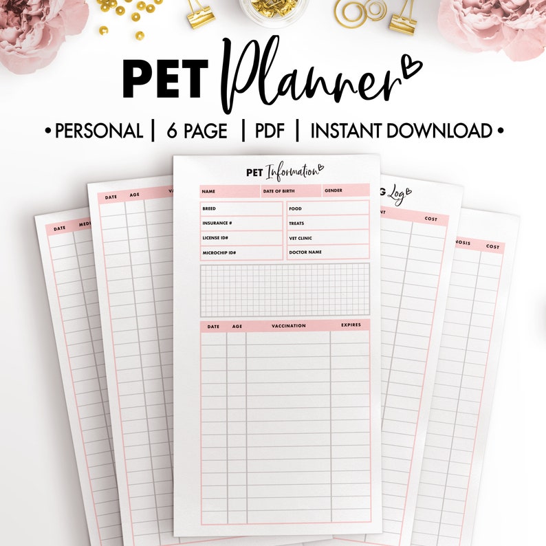 May include: Printable pet planner with pink accents. The planner includes sections for pet information, vaccination records, and a log for tracking vet visits and costs.