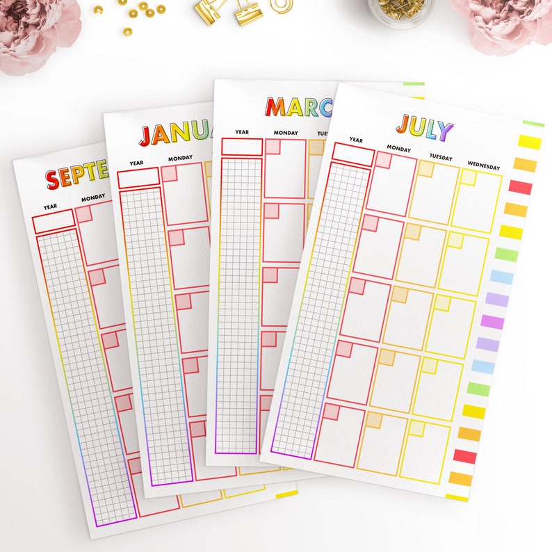 May include: Four printable monthly calendar pages with rainbow colored borders. The months are January, September, March, and July. Each page has a space for the year, a grid for each day of the month, and a column for each day of the week.