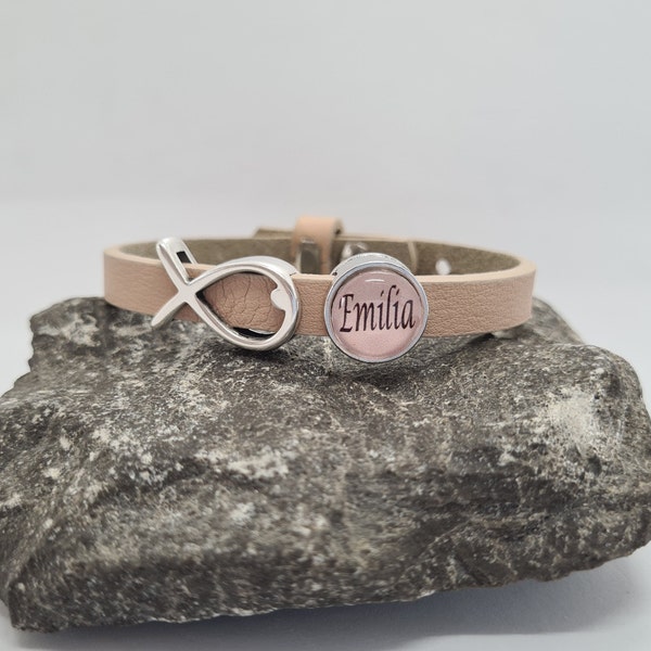 Leather bracelet apricot pink silver fish personalized with name or your text (color selection) enrollment / communion