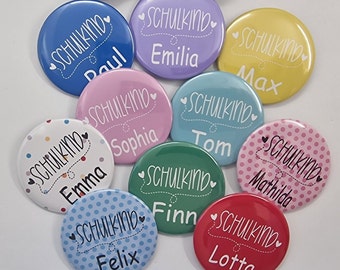 Button Schulkind mit Name personalisiert Farben zur Auswahl, 59mm groß