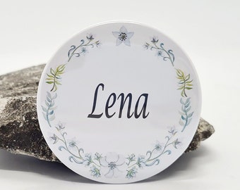 Button Blumen türkis personalisiert mit Name oder deinem Text 59mm groß in weiß Flower Hoop