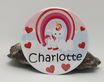 Personalized button with name or text and unicorn with rainbow for girls as a gift ( pin / pin ) 59 mm large