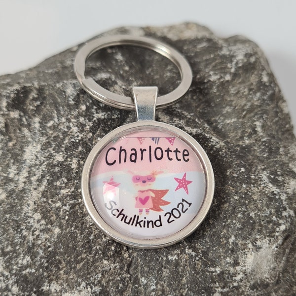Keychain superheroine personalized with name and school child pink for school enrollment / back to school / gift / girl