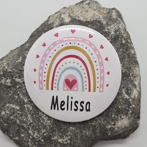 Button colorful rainbow with hearts personalized with name or your text 59 mm tall