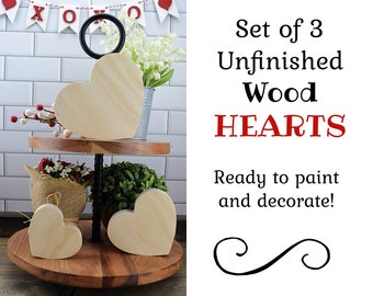 Unfinished Wood Hearts | DIY Tiered Tray Decor for Valentines Day | Ready to Paint Chunky Wooden Heart Cutouts | Winter Craft Wood Blanks