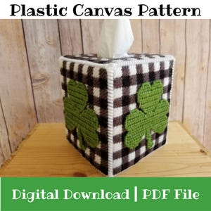 Buffalo Plaid St Patricks Day Shamrock Tissue Box Cover Plastic Canvas Pattern ~ Rustic Farmhouse Decor ~ Instant PDF Download