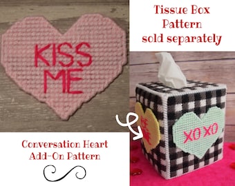 ADD ON PATTERN ~ Cute Conversation Hearts Plastic Canvas Pattern for the Buffalo Plaid Valentines Day Tissue Box Cover