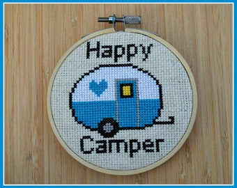 Happy Camper Counted Cross Stitch Pattern ~ Retro Camper Cross Stitch ~ Vintage Canned Ham Trailer ~ Instant Download PDF Chart