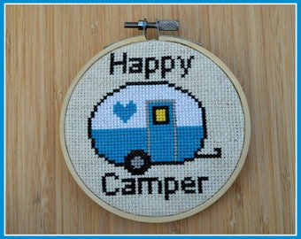 Happy Camper Counted Cross Stitch Pattern ~ Retro Camper Cross Stitch ~ Vintage Canned Ham Trailer ~ Instant Download PDF Chart