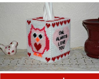 Valentijnsdag tissuedoos hoes plastic canvas patroon ~ uil houdt altijd van je