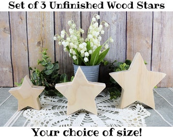 Unfinished Wood Stars for 4th of July Decor, Set of 3 Chunky Wood Stars for Tiered Tray Decor, Memorial Day Wooden Stars, Craft Wood Blanks