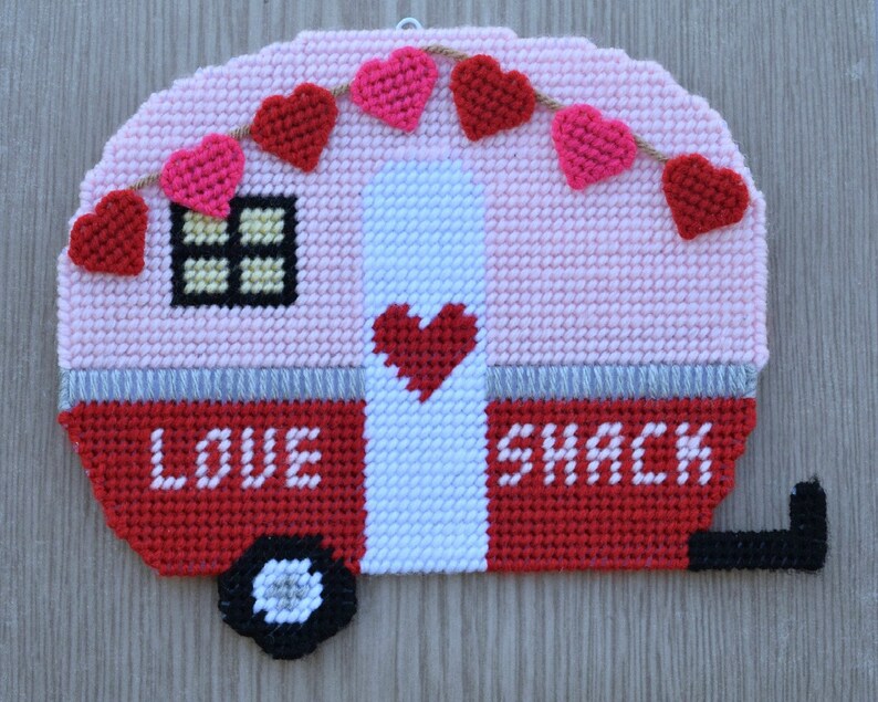 Love Shack Retro Camper Plastic Canvas Pattern for Valentines Day Cute Camper with Heart Swag image 1