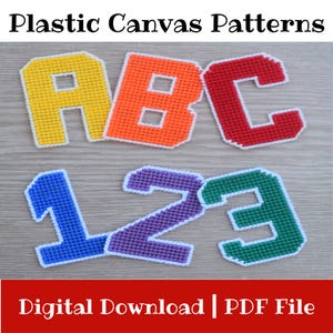 May include: Colorful plastic canvas patterns featuring the letters A, B, and C, and the numbers 1, 2, and 3. Each letter and number is a different color, including yellow, orange, red, blue, purple, and green. The text "Plastic Canvas Patterns" and "Digital Download | PDF File" are also visible.