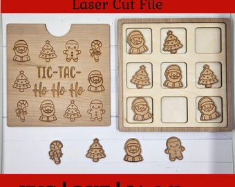 Christmas Tic Tac Toe Laser Cut File, Kids Game SVG, Wooden Board Game, Commercial Use, Glowforge Vector File For Wood Laser Cutting